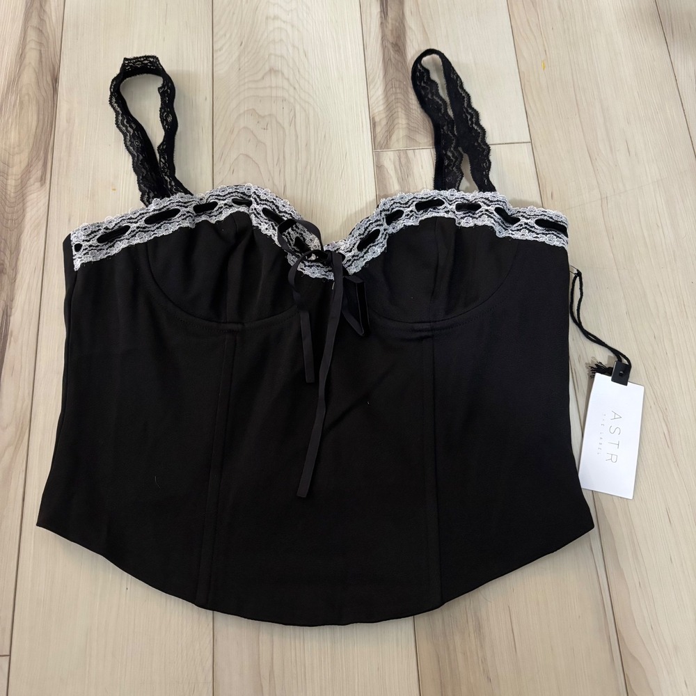 ASTR The Label Black Corset White Lace Trim Cup Tie Bustier Top Womens Small NWT